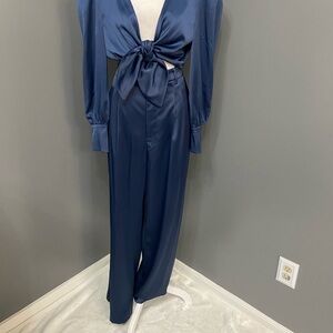 WAYF 2 Pc Blue Satin Crop Tie Top Wide Leg Pants W/pockets Parties Celebrating M